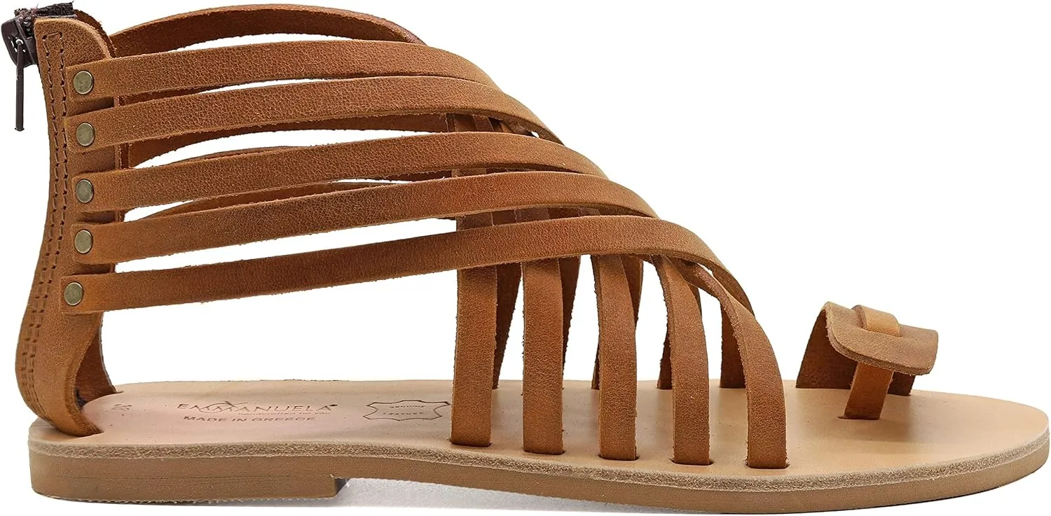 Emmanuela Greek Leather Gladiator Sandals with Zipper Shafts, Quality Handmade Summer Shoes, Toe Ring Flat sandals Boho Chic Sandals