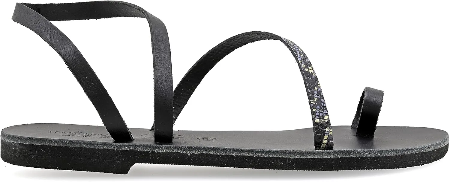 Emmanuela Greek Leather Toe ring Sandals, Quality Handmade Slingback Summer Shoes, Ankle Cuff Strappy Sandals, Boho Chic Flat Sandals, Silver Rose Gold Snake animal print