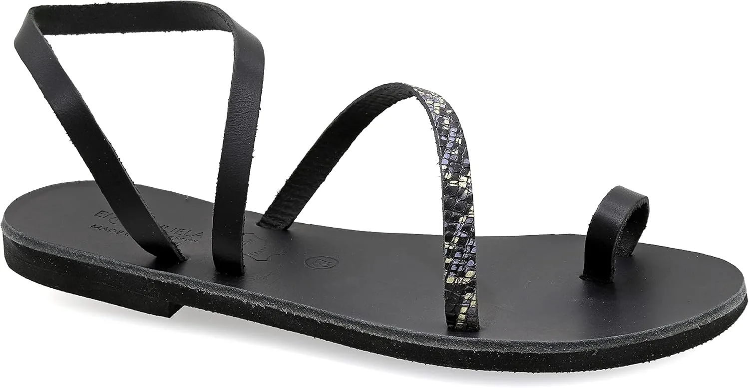 Emmanuela Greek Leather Toe ring Sandals, Quality Handmade Slingback Summer Shoes, Ankle Cuff Strappy Sandals, Boho Chic Flat Sandals, Silver Rose Gold Snake animal print