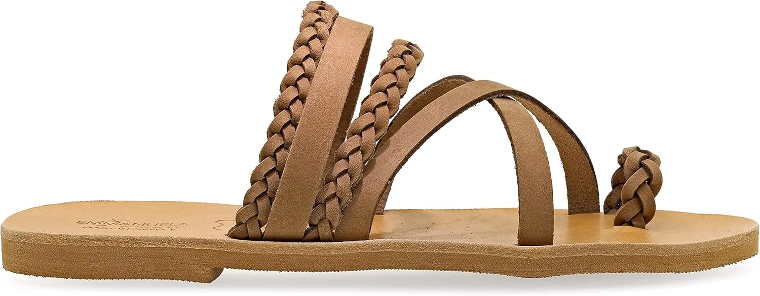 Emmanuela Greek Style Sandals with braided parts, Quality Handmade Leather Toe Ring Flat Sandals, Slide on Summer Shoes for Women, Boho Chic Slider Sandals