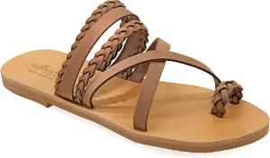 Emmanuela Greek Style Sandals with braided parts, Quality Handmade Leather Toe Ring Flat Sandals, Slide on Summer Shoes for Women, Boho Chic Slider Sandals