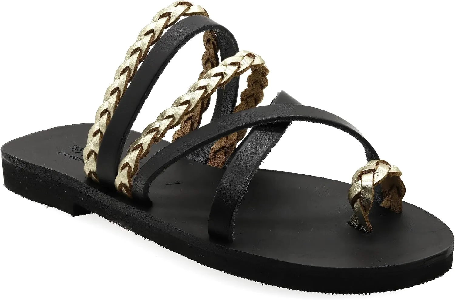 Emmanuela Greek Style Sandals with braided parts, Quality Handmade Leather Toe Ring Flat Sandals, Slide on Summer Shoes for Women, Boho Chic Slider Sandals
