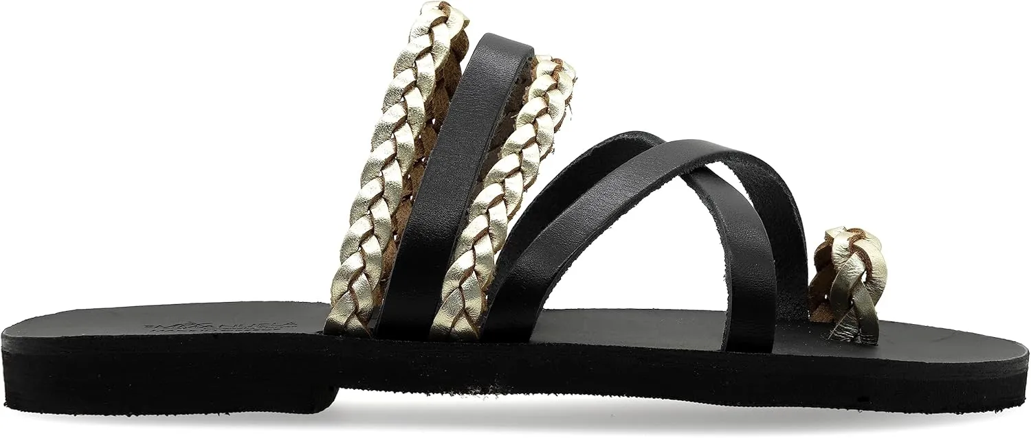 Emmanuela Greek Style Sandals with braided parts, Quality Handmade Leather Toe Ring Flat Sandals, Slide on Summer Shoes for Women, Boho Chic Slider Sandals