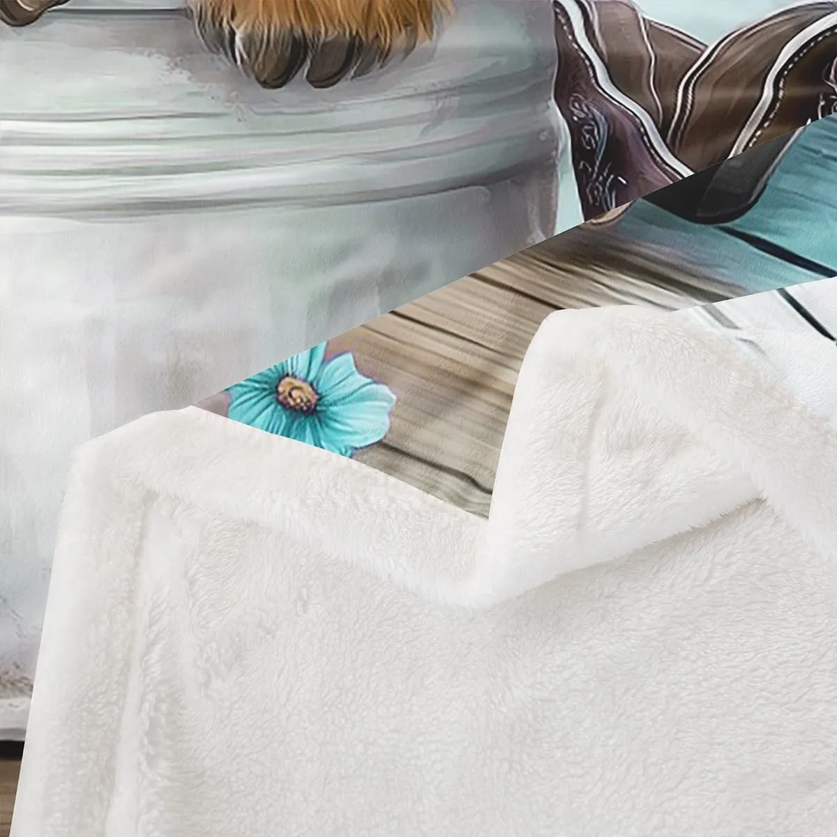 Erosebridal Cartoon Cow Fleece Throw Blanket Twin 60"x80" Highland Cows Plush Sherpa Blanket for Kids Boys Girls Daisy Floral Wood Boots Rustic Blue White Warm Plush Room Decor