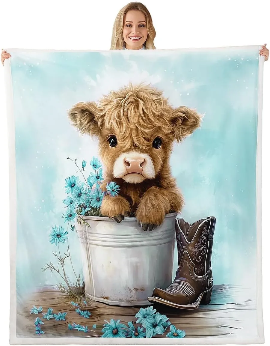 Erosebridal Cartoon Cow Fleece Throw Blanket Twin 60"x80" Highland Cows Plush Sherpa Blanket for Kids Boys Girls Daisy Floral Wood Boots Rustic Blue White Warm Plush Room Decor
