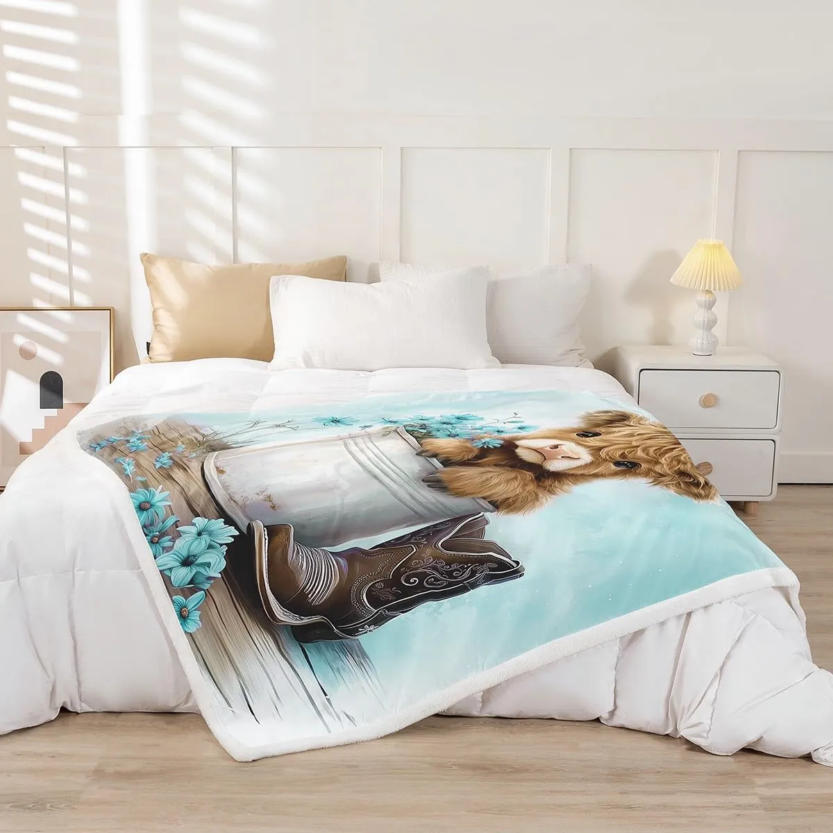Erosebridal Cartoon Cow Fleece Throw Blanket Twin 60"x80" Highland Cows Plush Sherpa Blanket for Kids Boys Girls Daisy Floral Wood Boots Rustic Blue White Warm Plush Room Decor
