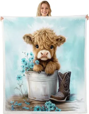 Erosebridal Cartoon Cow Fleece Throw Blanket Twin 60"x80" Highland Cows Plush Sherpa Blanket for Kids Boys Girls Daisy Floral Wood Boots Rustic Blue White Warm Plush Room Decor