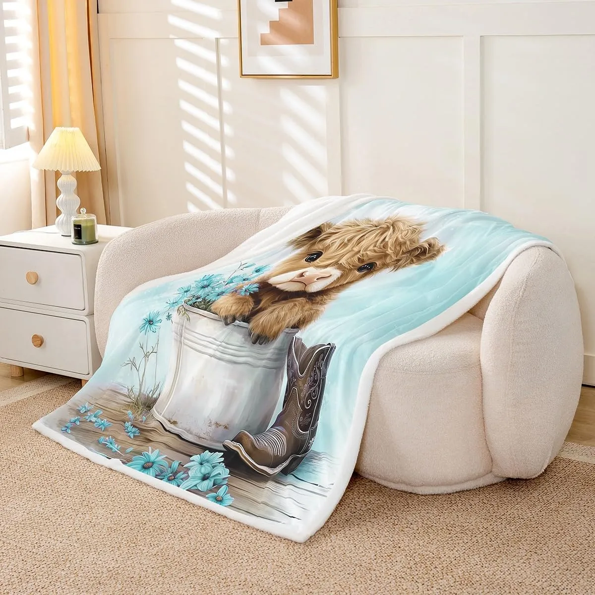 Erosebridal Cartoon Cow Fleece Throw Blanket Twin 60"x80" Highland Cows Plush Sherpa Blanket for Kids Boys Girls Daisy Floral Wood Boots Rustic Blue White Warm Plush Room Decor
