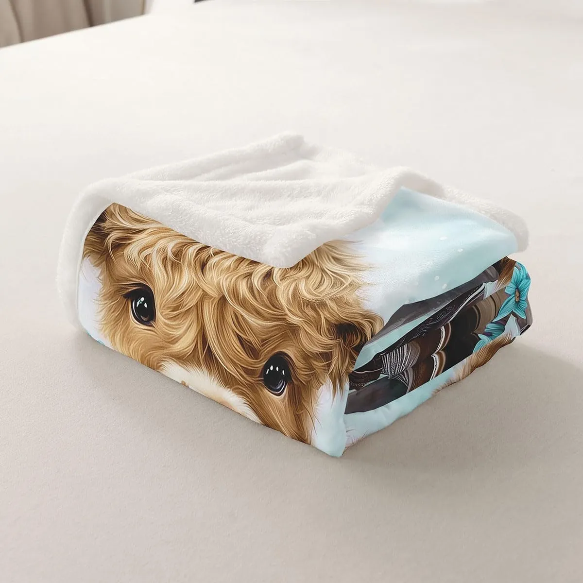 Erosebridal Cartoon Cow Fleece Throw Blanket Twin 60"x80" Highland Cows Plush Sherpa Blanket for Kids Boys Girls Daisy Floral Wood Boots Rustic Blue White Warm Plush Room Decor