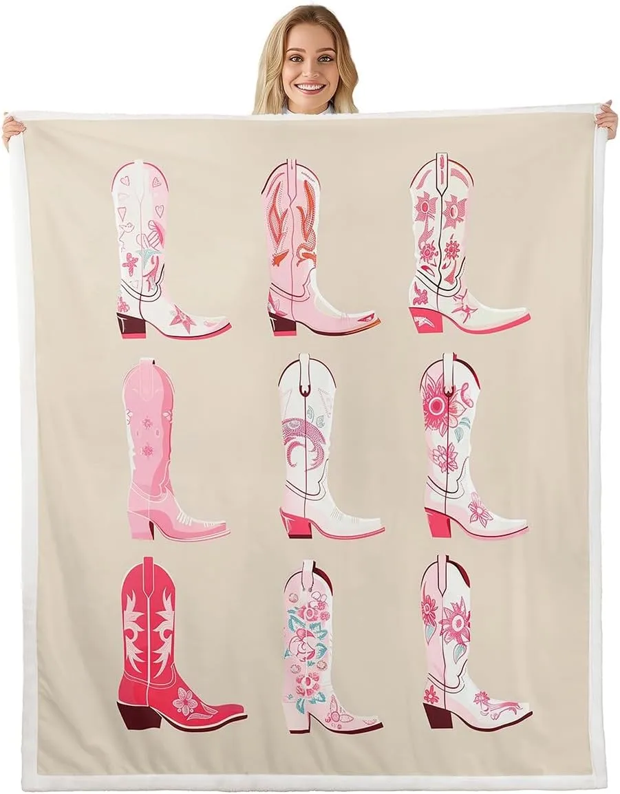 Erosebridal Cowgirl Throw Blanket Twin 60x80 Inch for Bedroom Living Room Sofa Couch,Western Cowboy Boots Fleece Blanket,Wild West Cowgirl Fuzzy Blankets,Farmhouse Sherpa Blankets