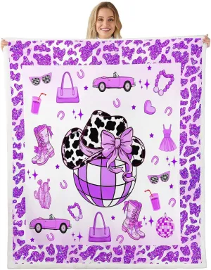 Erosebridal Cowgirl Throw Blanket Twin 60x80 Inch for Bedroom Living Room Sofa,Cow Pattern Hat Fleece Blanket,Western Cowboy Fuzzy Blankets,Purple Stars Boots Sherpa Blankets