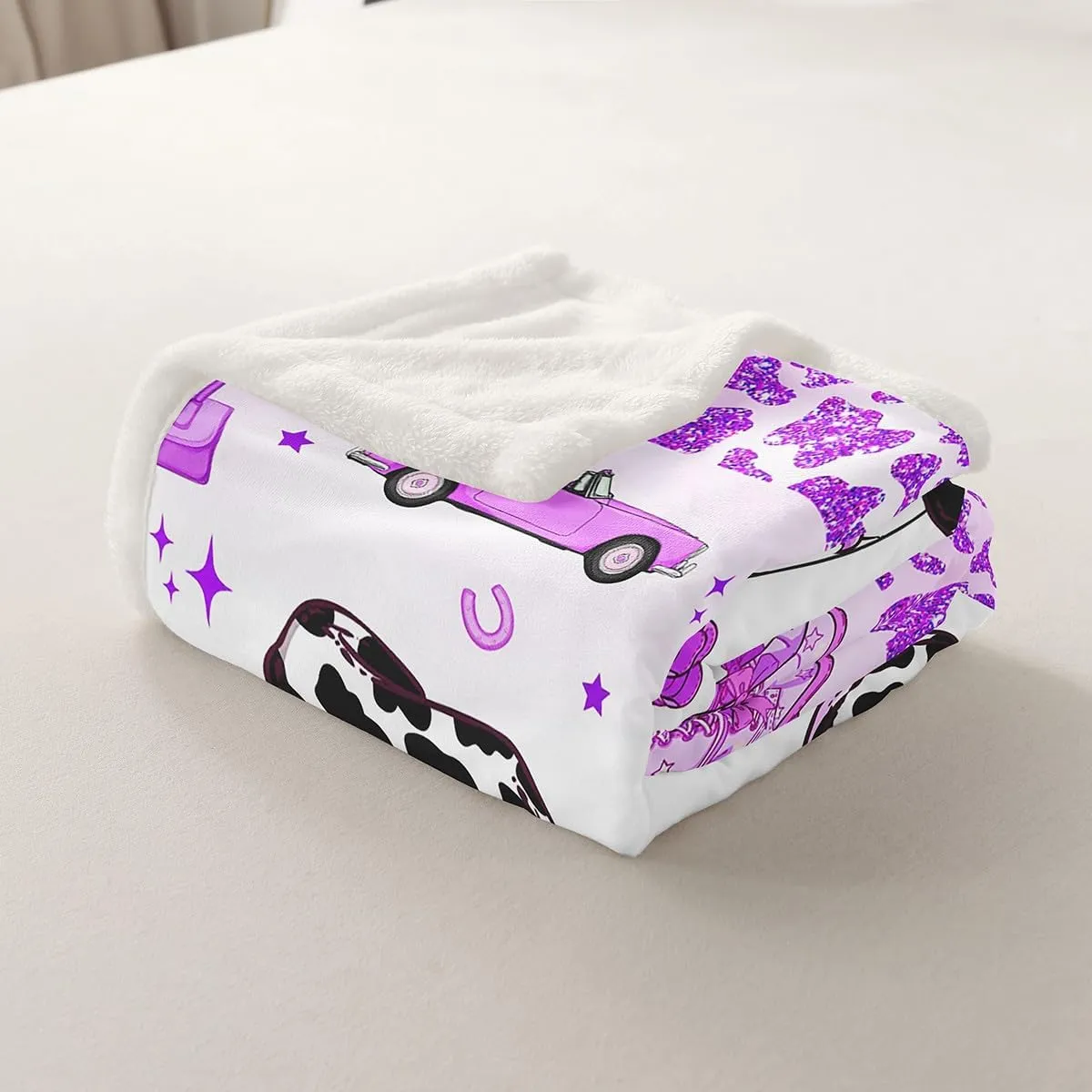 Erosebridal Cowgirl Throw Blanket Twin 60x80 Inch for Bedroom Living Room Sofa,Cow Pattern Hat Fleece Blanket,Western Cowboy Fuzzy Blankets,Purple Stars Boots Sherpa Blankets