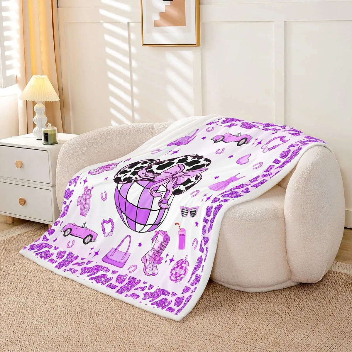 Erosebridal Cowgirl Throw Blanket Twin 60x80 Inch for Bedroom Living Room Sofa,Cow Pattern Hat Fleece Blanket,Western Cowboy Fuzzy Blankets,Purple Stars Boots Sherpa Blankets