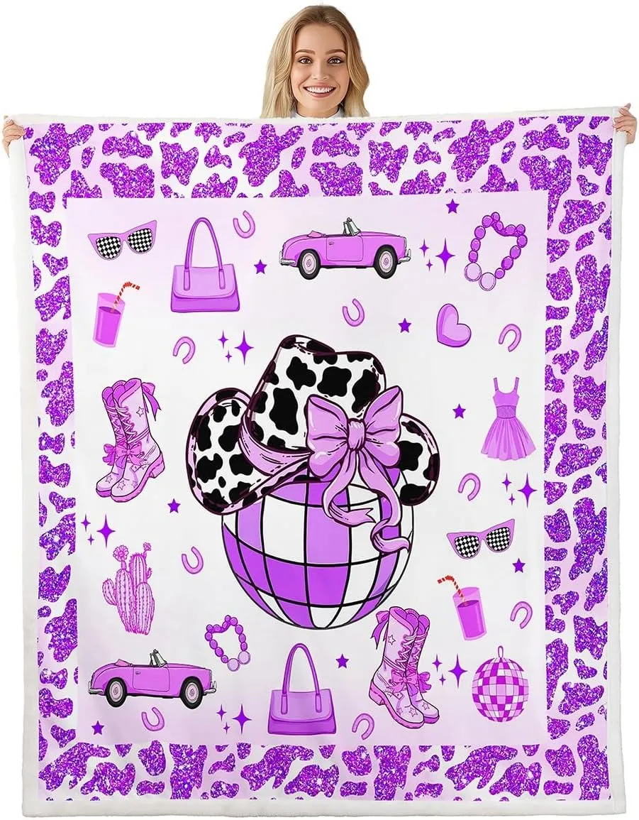 Erosebridal Cowgirl Throw Blanket Twin 60x80 Inch for Bedroom Living Room Sofa,Cow Pattern Hat Fleece Blanket,Western Cowboy Fuzzy Blankets,Purple Stars Boots Sherpa Blankets