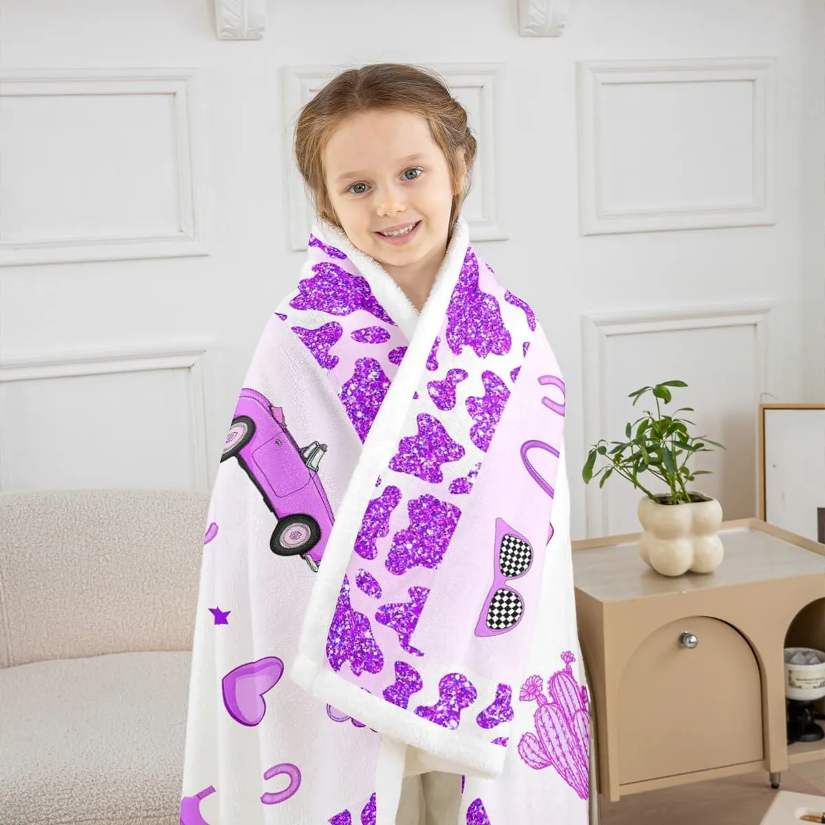 Erosebridal Cowgirl Throw Blanket Twin 60x80 Inch for Bedroom Living Room Sofa,Cow Pattern Hat Fleece Blanket,Western Cowboy Fuzzy Blankets,Purple Stars Boots Sherpa Blankets