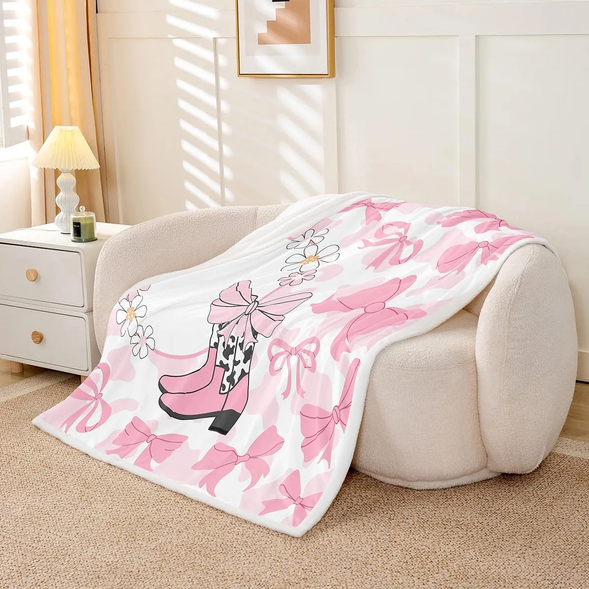 Erosebridal Girls Ribbon Bow Blankets,Western Cowgirl Boots Throw Blanket for Kids Teens Adults,Cheetah Leopard Print Fleece Fuzzy Blanket,Vintage Flower Floral Plush Blanket Throw 50x60
