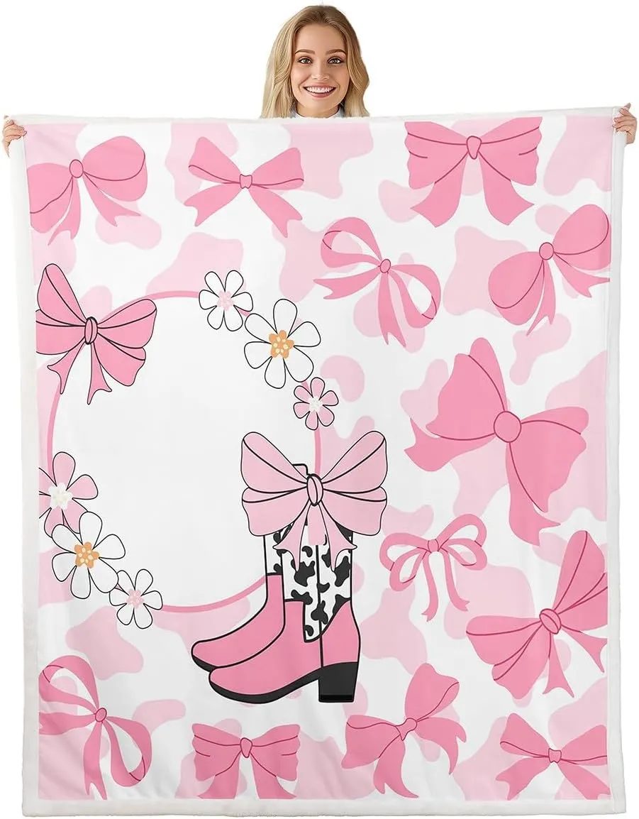 Erosebridal Girls Ribbon Bow Blankets,Western Cowgirl Boots Throw Blanket for Kids Teens Adults,Cheetah Leopard Print Fleece Fuzzy Blanket,Vintage Flower Floral Plush Blanket Throw 50x60