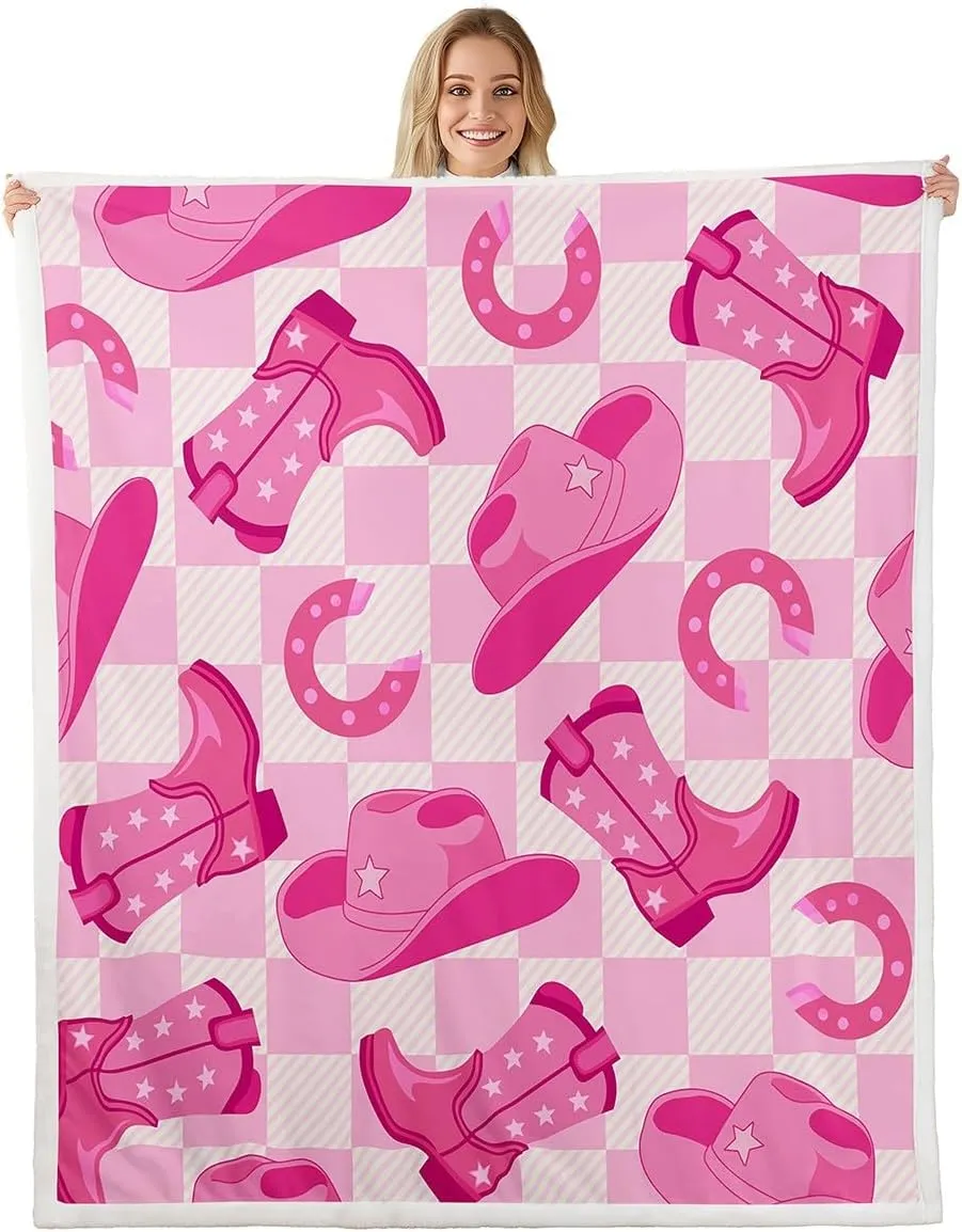 Erosebridal Kawaii Cowgirl Girls Throw Blanket Baby 30"X40" Western Decor Pink White Checkered Fleece Bed Blanket for Kids Women,Cowboy Hat Boots Horseshoe Sherpa Blanket,Cute Wild West Soft Blanket