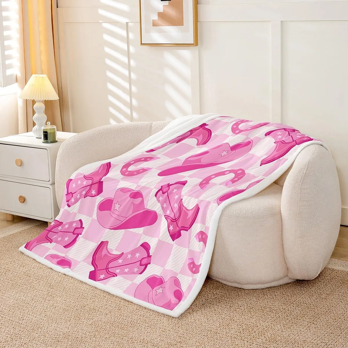 Erosebridal Kawaii Cowgirl Girls Throw Blanket Baby 30"X40" Western Decor Pink White Checkered Fleece Bed Blanket for Kids Women,Cowboy Hat Boots Horseshoe Sherpa Blanket,Cute Wild West Soft Blanket