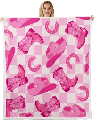 Erosebridal Kawaii Cowgirl Girls Throw Blanket Baby 30"X40" Western Decor Pink White Checkered Fleece Bed Blanket for Kids Women,Cowboy Hat Boots Horseshoe Sherpa Blanket,Cute Wild West Soft Blanket