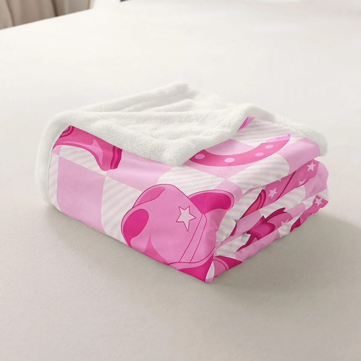 Erosebridal Kawaii Cowgirl Girls Throw Blanket Baby 30"X40" Western Decor Pink White Checkered Fleece Bed Blanket for Kids Women,Cowboy Hat Boots Horseshoe Sherpa Blanket,Cute Wild West Soft Blanket