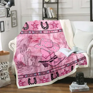 Erosebridal Pink Western Cowgirl Blanket Throw Gifts for Girls Women Aztec Cow Print Fleece Bed Blanket Queen 90"X90" Cowgirl Boots Hat Sherpa Blanket Texas Star Horseshoe Fuzzy Blanket