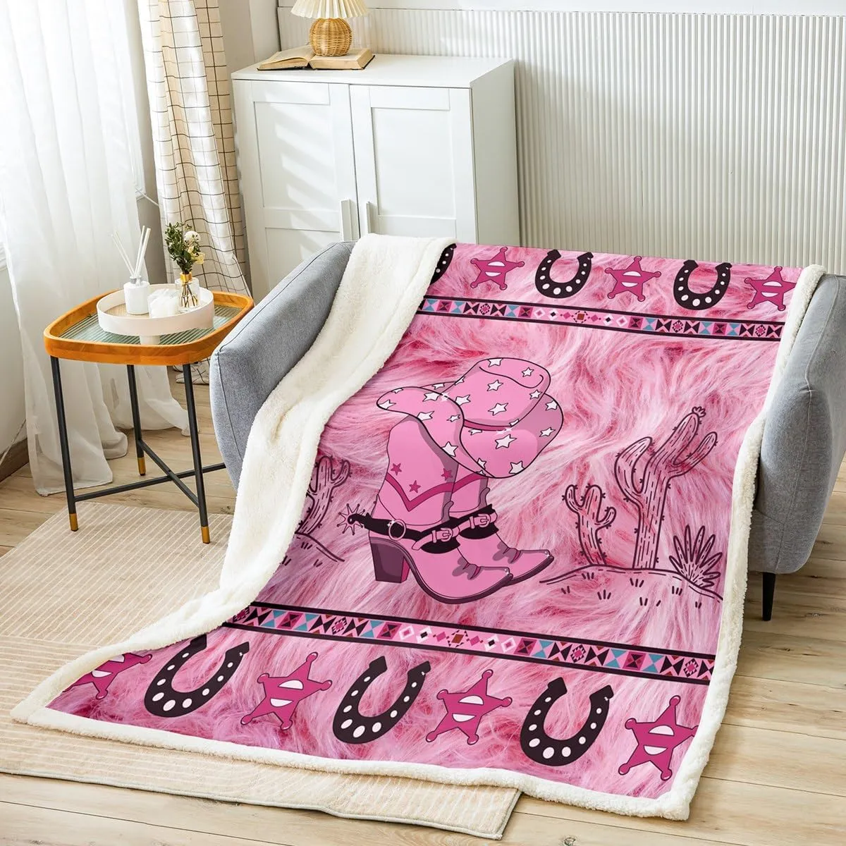 Erosebridal Pink Western Cowgirl Blanket Throw Gifts for Girls Women Aztec Cow Print Fleece Bed Blanket Queen 90"X90" Cowgirl Boots Hat Sherpa Blanket Texas Star Horseshoe Fuzzy Blanket