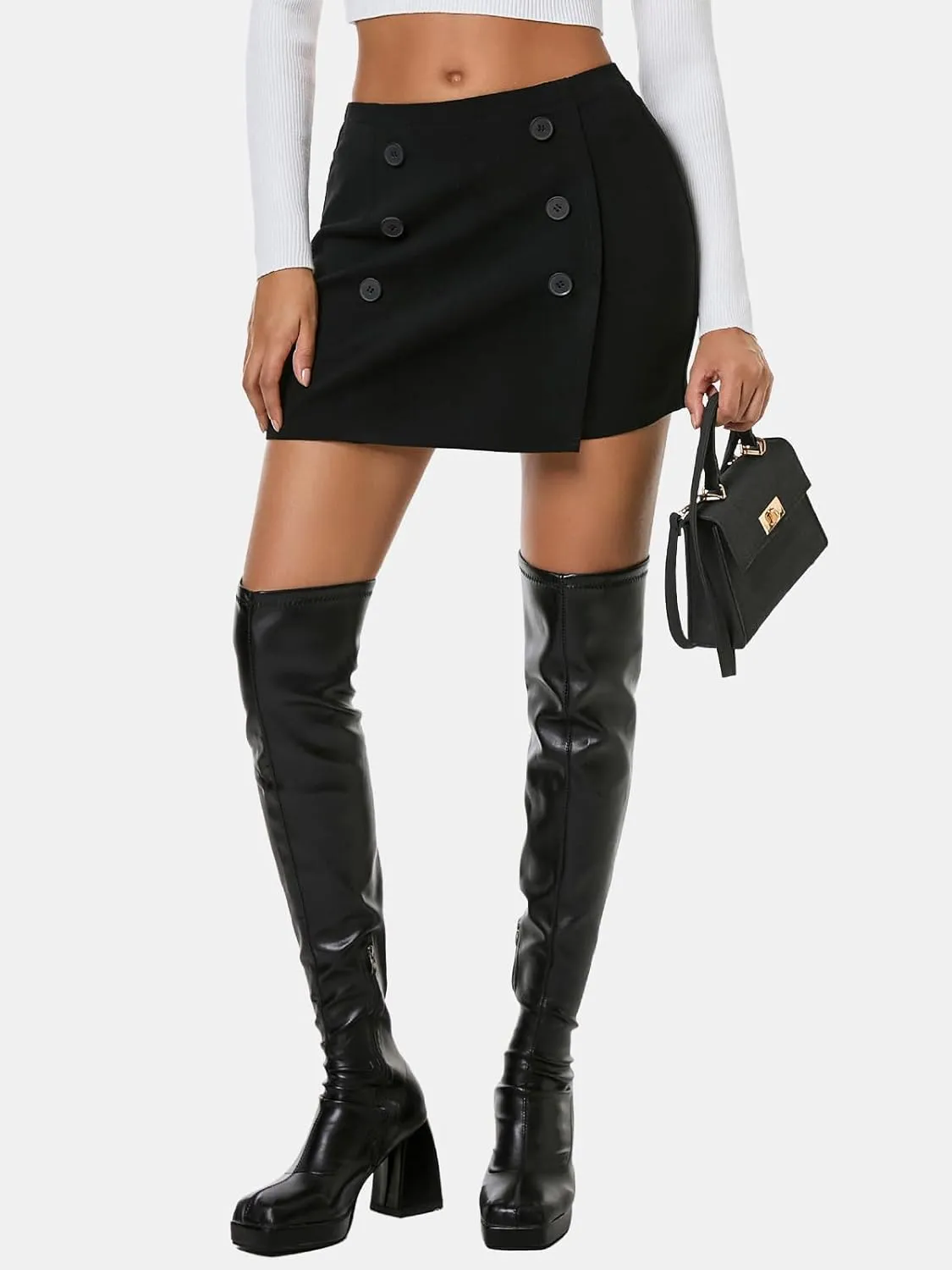 EXLURA Womens Button Bodycon Mini Skirt Sexy Night Club High Waist Elastic Y2K Trendy Short Plaid Skirts