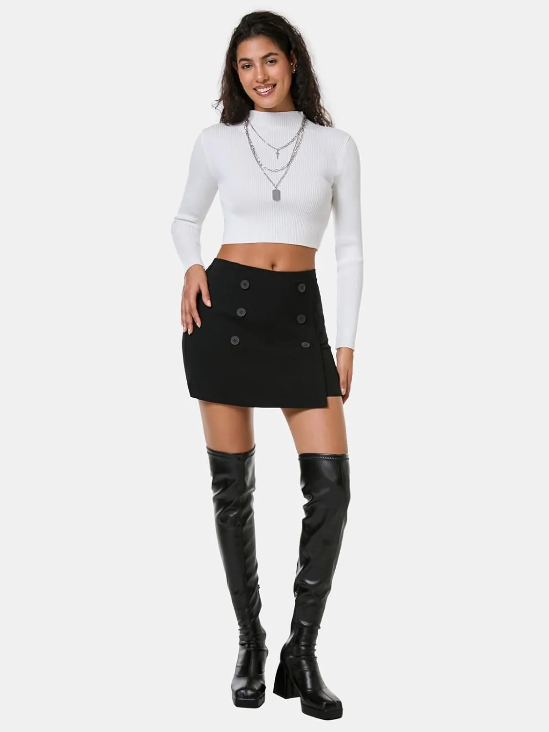 EXLURA Womens Button Bodycon Mini Skirt Sexy Night Club High Waist Elastic Y2K Trendy Short Plaid Skirts