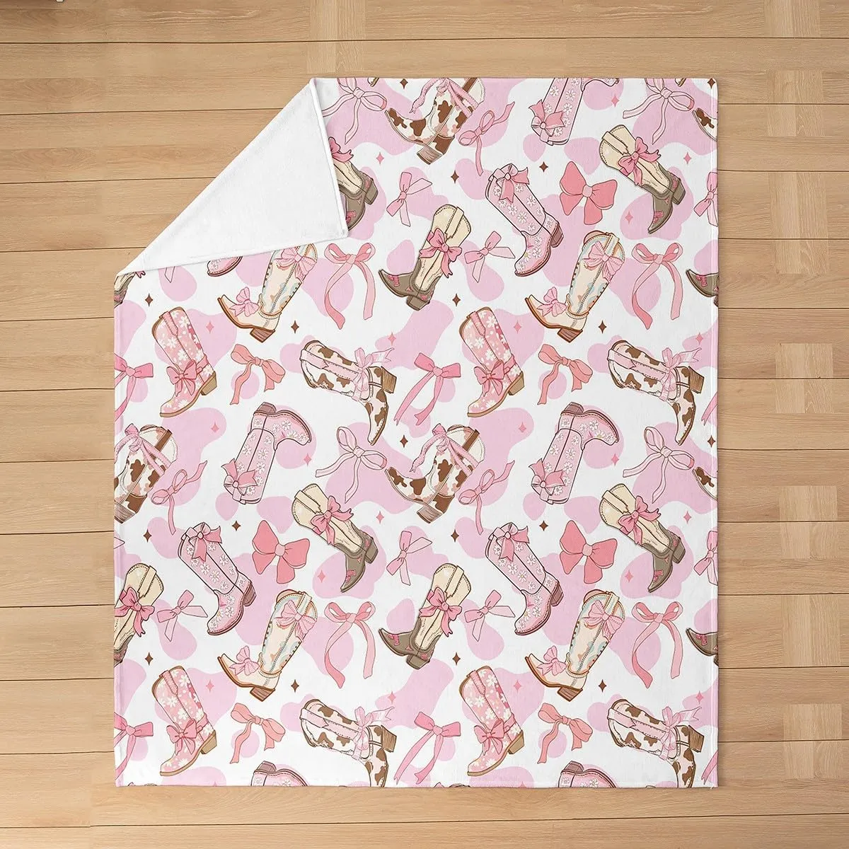 Feelyou Western Bow Plush Throw Blanket, Queen 90"x90" Kids Cute Bowknot Flannel Fleece Blanket for Boys Teens Girls Bow All Season,Bed Blanket Western Boots Cowhide