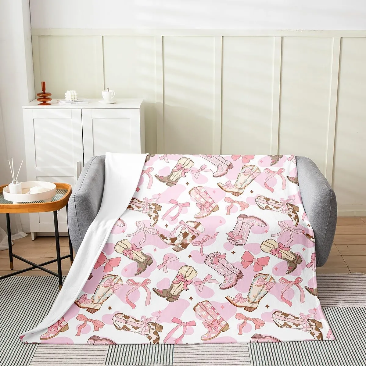 Feelyou Western Bow Plush Throw Blanket, Queen 90"x90" Kids Cute Bowknot Flannel Fleece Blanket for Boys Teens Girls Bow All Season,Bed Blanket Western Boots Cowhide