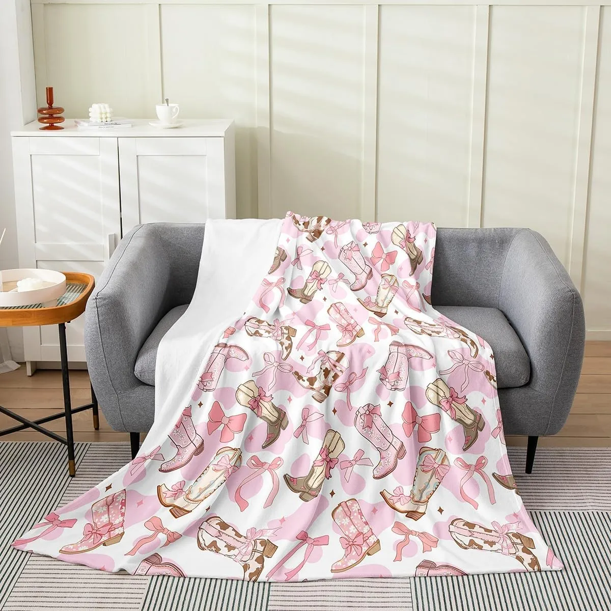 Feelyou Western Bow Plush Throw Blanket, Queen 90"x90" Kids Cute Bowknot Flannel Fleece Blanket for Boys Teens Girls Bow All Season,Bed Blanket Western Boots Cowhide
