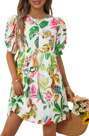 FENSACE Women's Floral Eyelet Babydoll Tie Front Puff Sleeve Cute Mini Dress