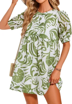 FENSACE Women's Floral Eyelet Babydoll Tie Front Puff Sleeve Cute Mini Dress