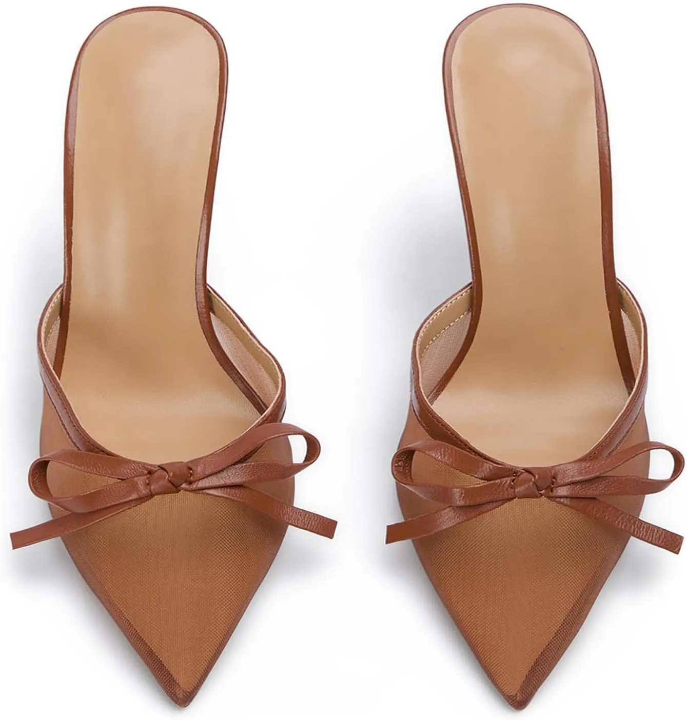 FIFSY Mesh High Heels Mules for Women Pointed Toe Slip on Backless Pumps Stiletto Slingback Bow Heels Vintage Sexy Pointy Closed Toe Heels Wedding Shoes