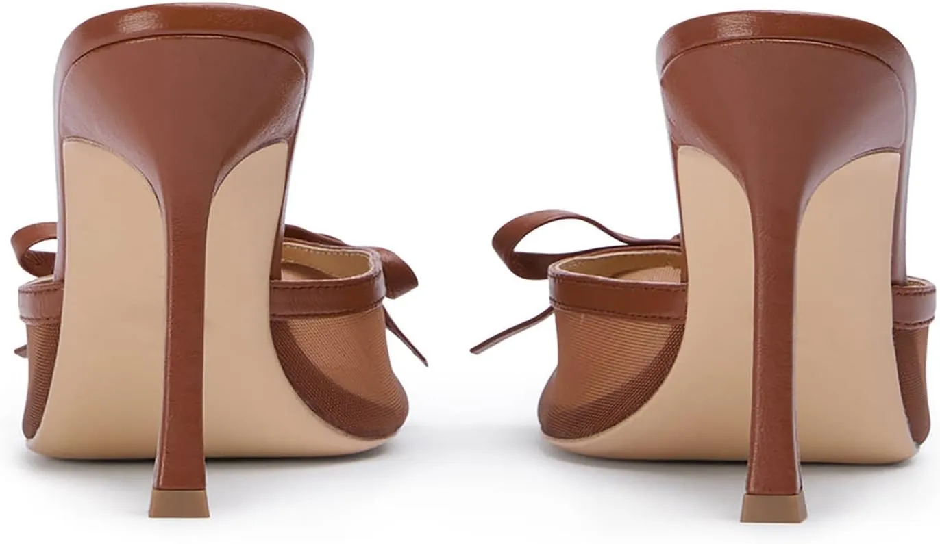 FIFSY Mesh High Heels Mules for Women Pointed Toe Slip on Backless Pumps Stiletto Slingback Bow Heels Vintage Sexy Pointy Closed Toe Heels Wedding Shoes