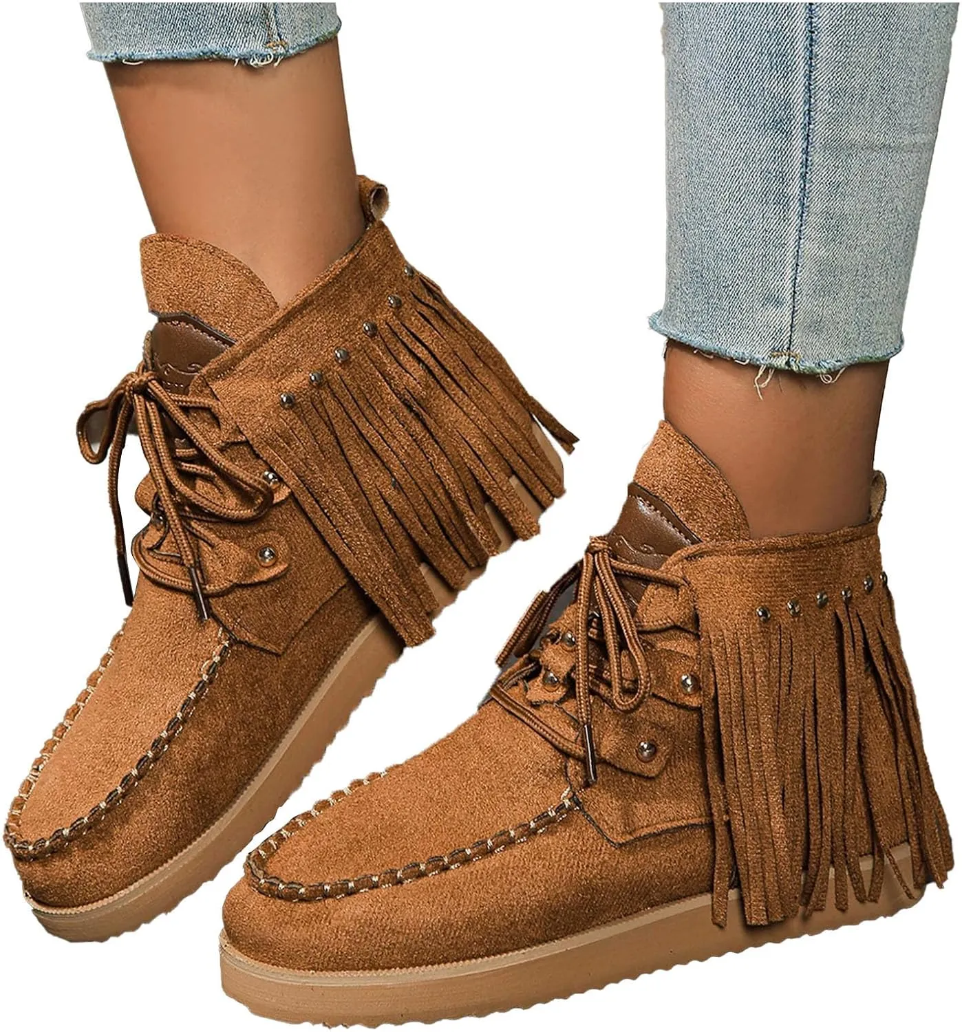 Flat Heel Round Toe Ankle Boots for Women Suede Leather Lace Up Tassel Short Boot Comfy Soft Casual Trendy Booties