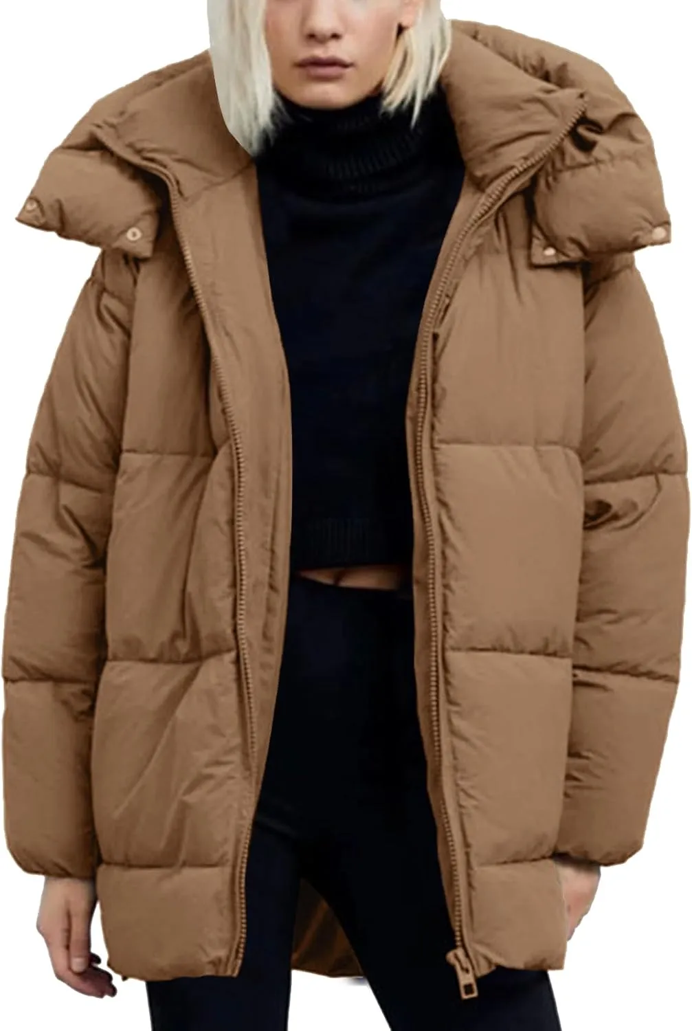 Flygo Womens Hooded Quilted Puffer Jacket Mid-Length Padded Warm Winter Heavyweight Coat Outerwear
