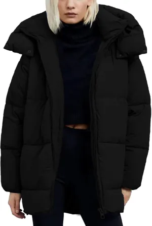 Flygo Womens Hooded Quilted Puffer Jacket Mid-Length Padded Warm Winter Heavyweight Coat Outerwear