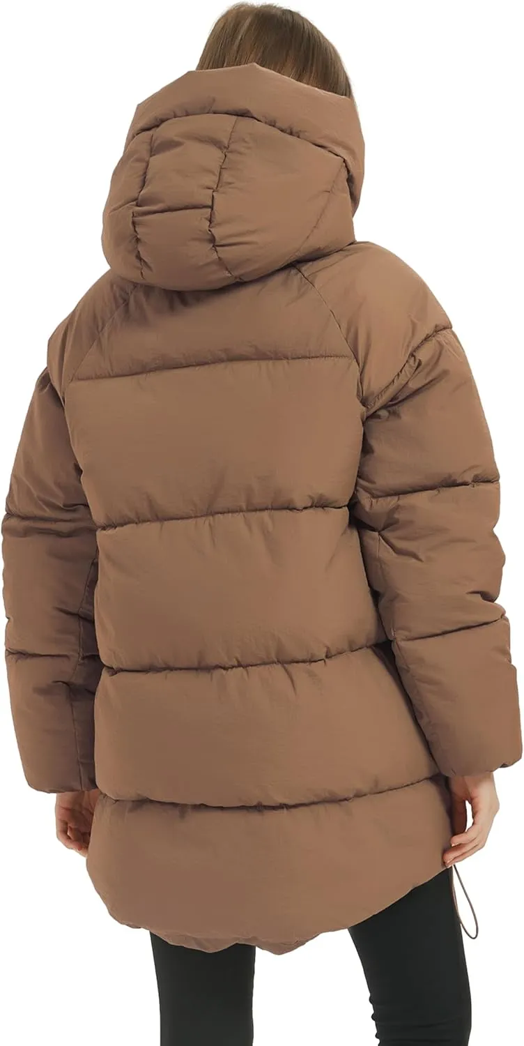 Flygo Womens Hooded Quilted Puffer Jacket Mid-Length Padded Warm Winter Heavyweight Coat Outerwear