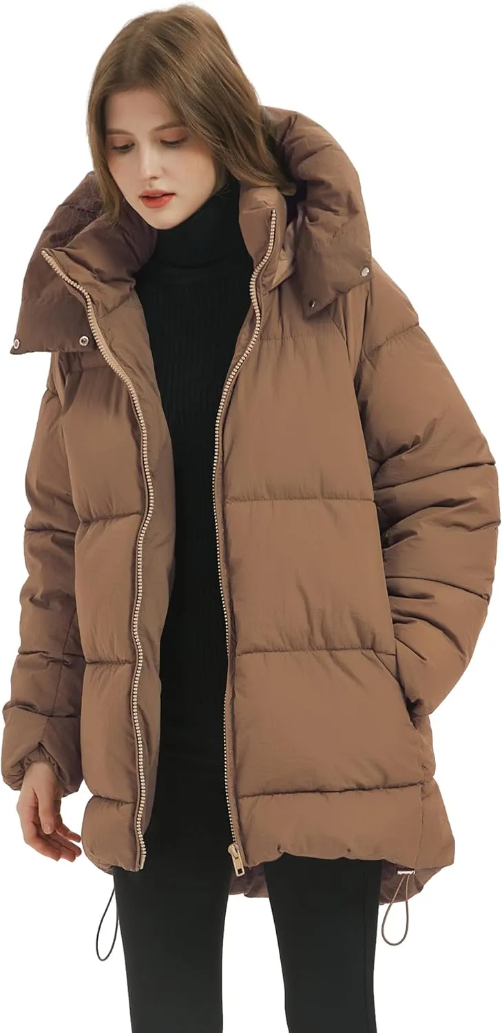 Flygo Womens Hooded Quilted Puffer Jacket Mid-Length Padded Warm Winter Heavyweight Coat Outerwear