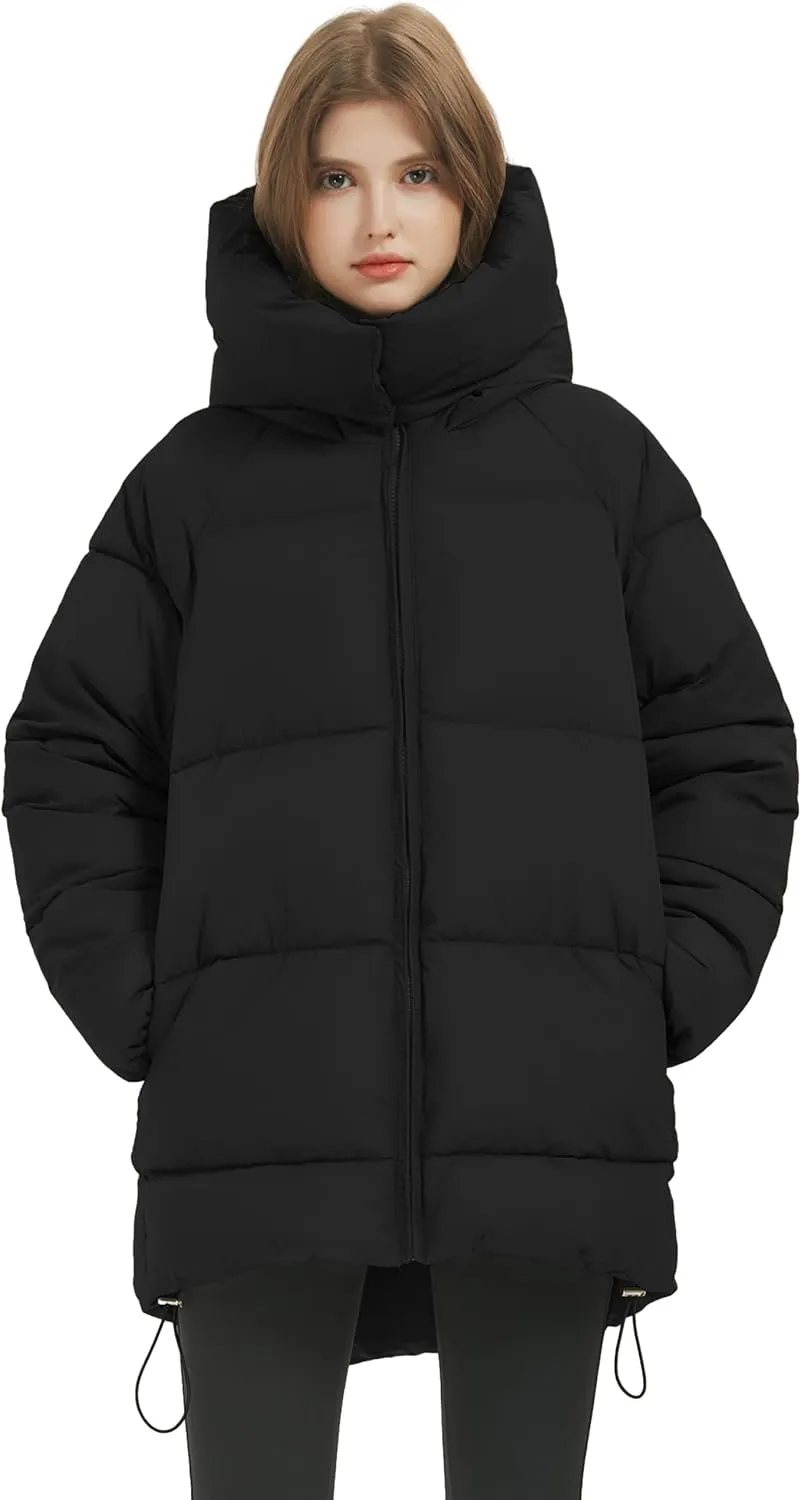Flygo Womens Hooded Quilted Puffer Jacket Mid-Length Padded Warm Winter Heavyweight Coat Outerwear