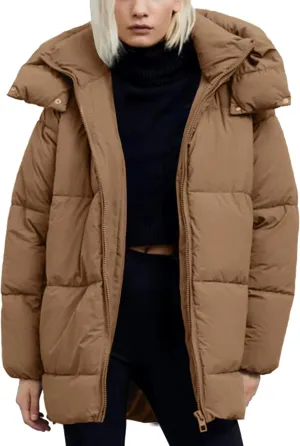 Flygo Womens Hooded Quilted Puffer Jacket Mid-Length Padded Warm Winter Heavyweight Coat Outerwear
