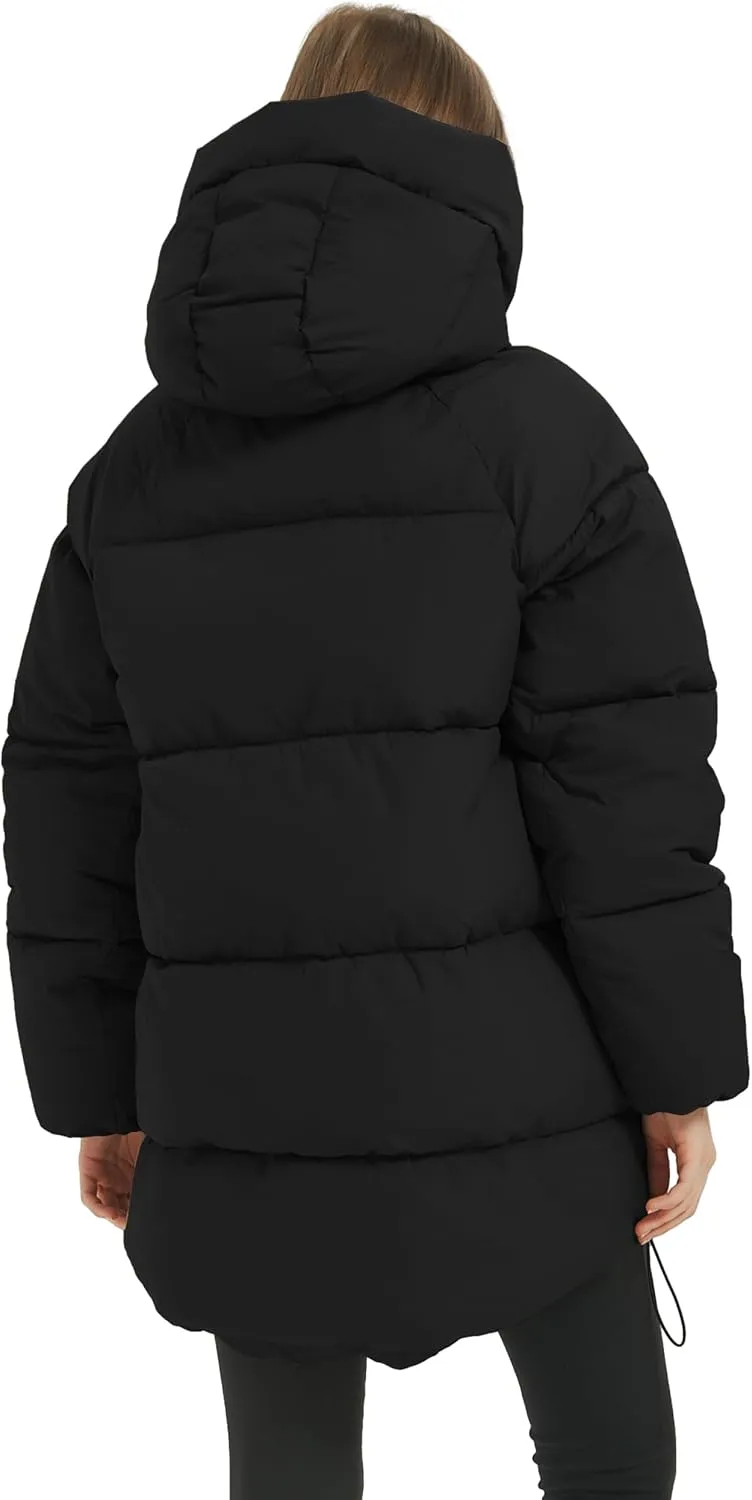Flygo Womens Hooded Quilted Puffer Jacket Mid-Length Padded Warm Winter Heavyweight Coat Outerwear
