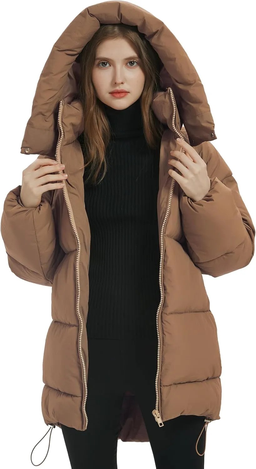 Flygo Womens Hooded Quilted Puffer Jacket Mid-Length Padded Warm Winter Heavyweight Coat Outerwear