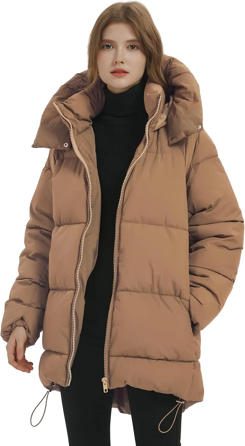 Flygo Womens Hooded Quilted Puffer Jacket Mid-Length Padded Warm Winter Heavyweight Coat Outerwear