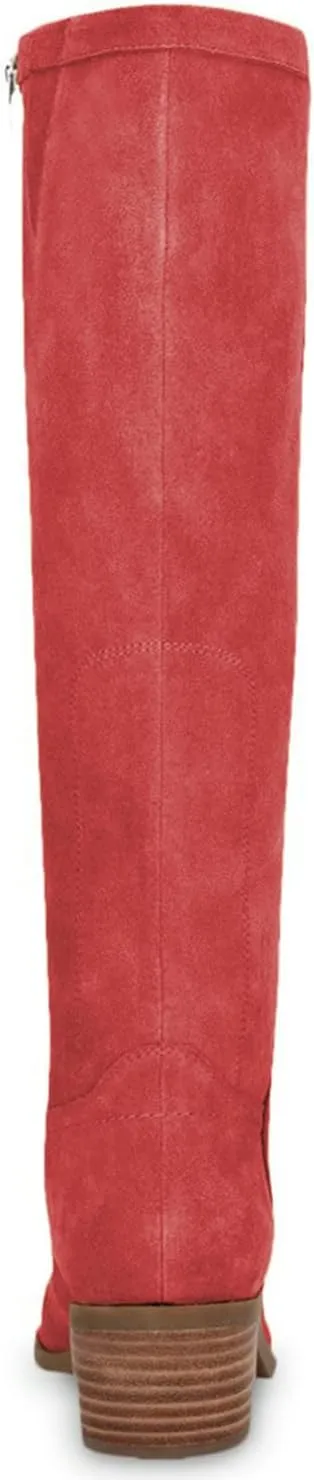 FOWT Women’s Low Stack Heels Knee High Boots Retro Cowgirl Riding Booties Pointed Toe Long Bootie Side Zippers Faux Suede Upper Winter Fall Warm Work Daily Shoes Size 4-16 US