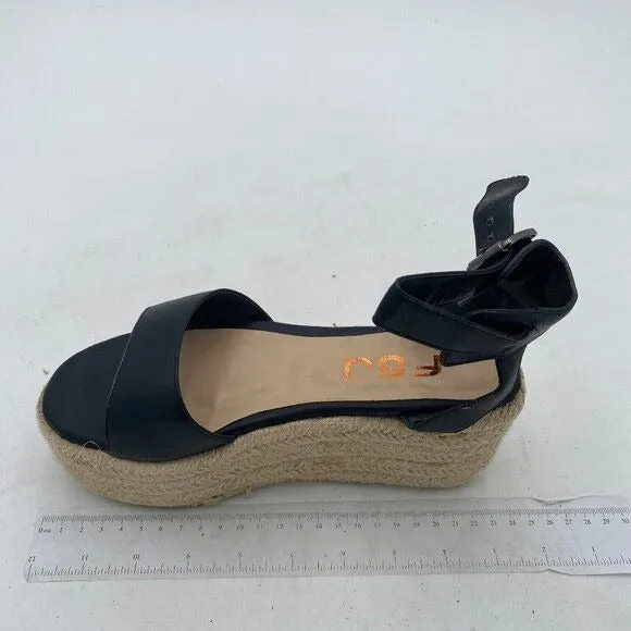 FSJ Black Open Toe Platform Wedge High Heel Espadrilles Sandals Ankle Strap Shoe