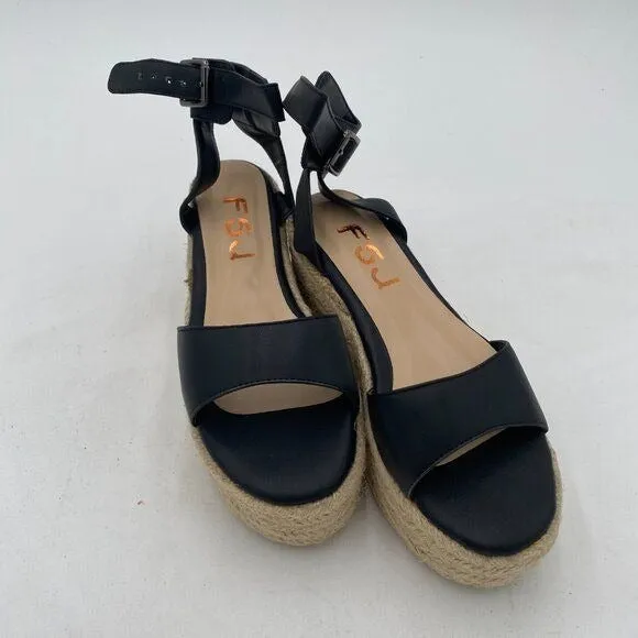 FSJ Black Open Toe Platform Wedge High Heel Espadrilles Sandals Ankle Strap Shoe