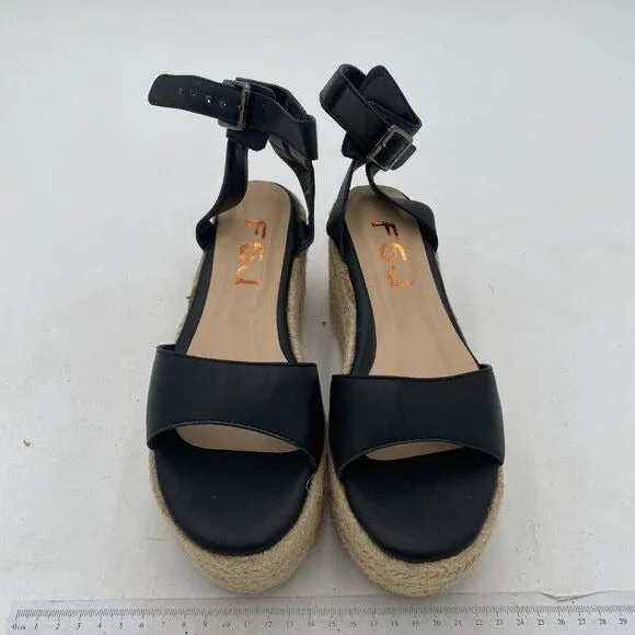 FSJ Black Open Toe Platform Wedge High Heel Espadrilles Sandals Ankle Strap Shoe